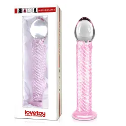 Dildo din sticlă roz neted cu caneluri 19 cm - 79354882