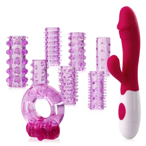 Set pentru cupluri - vibrator, 7 capace pentru penis, inel vibrator - 73085631