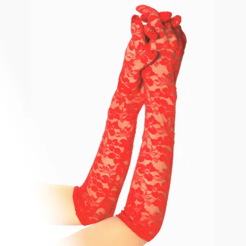 Mănuși roșii din dantelă cu motiv floral 41 cm - 78085921