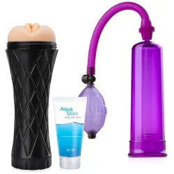 Set pentru Bărbați: Pompă pentru Penis, Vagin Artificial și Lubrifiant pe Bază de Apă - 71872957