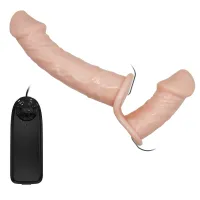 Strap-on dublu corporal de culoare pielii cu vibrații, două penisuri 10 cm + 18 cm - 70636320 - 4