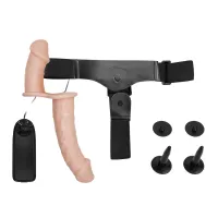Strap-on dublu corporal de culoare pielii cu vibrații, două penisuri 10 cm + 18 cm - 70636320 - 5