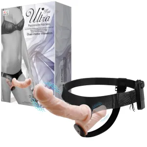 Strap-on dublu corporal de culoare pielii cu vibrații, două penisuri 10 cm + 18 cm - 70636320