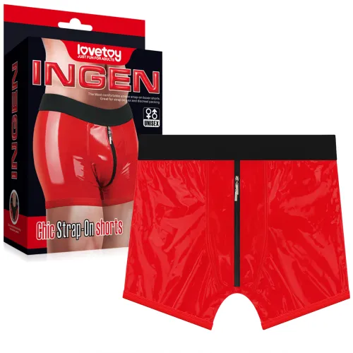 Boxeri roșii cu inel pentru strap-on + buzunar pentru vibrator - 79378237