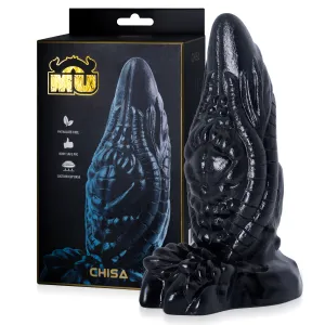 Dildo negru gros tip dragon cu striații 19 cm cu ventuză - 74597725