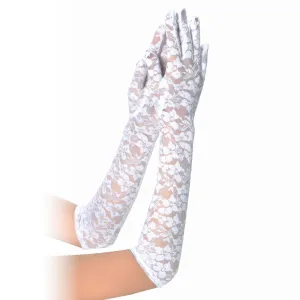 Mănuși albe din dantelă cu motiv floral 41 cm - 71412880