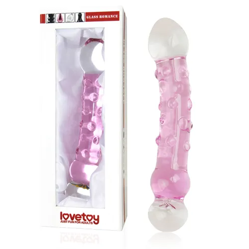 Dildo roz din sticlă roz cu proeminențe și decorațiuni 16 cm - 71092191