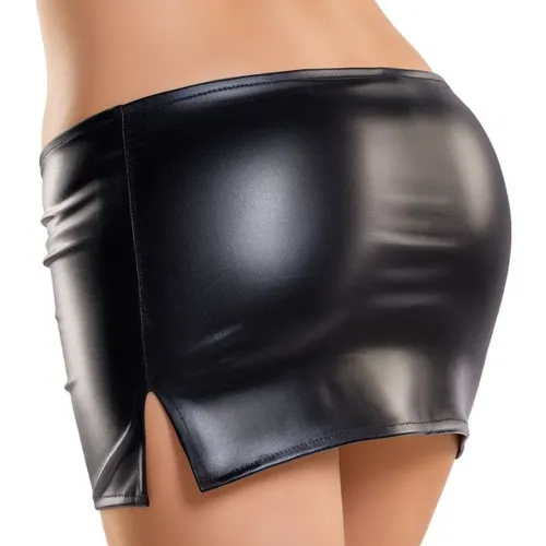 Fustă mini sexy neagră Glossy Wetlook Camren - 77327658