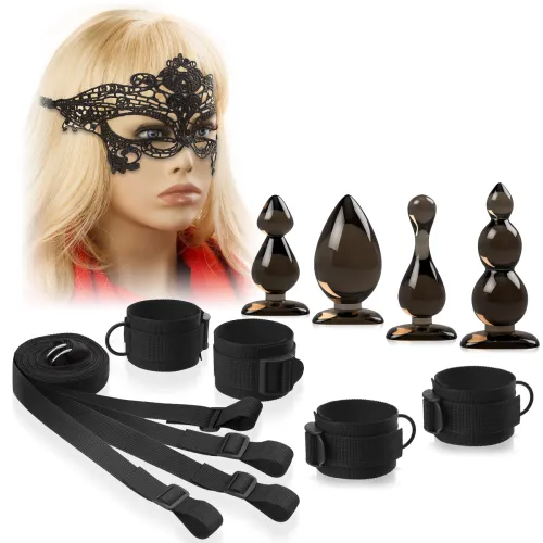 Set BDSM pentru cupluri - cătușe, masca din dantelă, 4 dopuri anale - 73076582