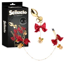 Set dop anal + clești pentru sfârcuri cu panglici roșii - 79050503