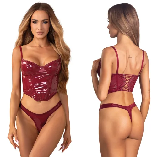 Set lenjerie intimă Obsessive Redya vișiniu corset + tanga - 74948775