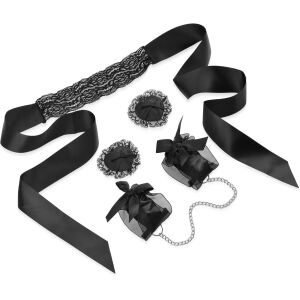 SET BONDAGE DELICATE, DIN DANTELĂ - BANDĂ PENTRU OCHI + AUTOCOLANTE PENTRU SFÂRCURI + CĂTUȘE - 74153074