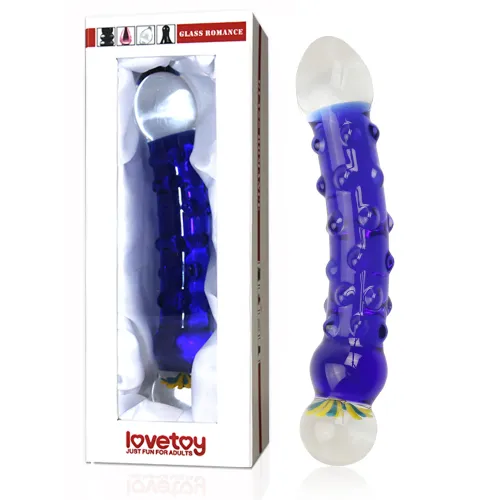 Dildo albastru din sticlă cu proeminențe și decorațiuni 16 cm - 76274108