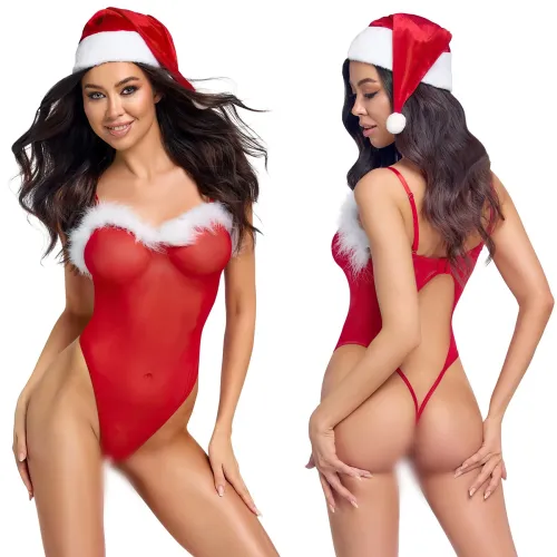 Cottelli body roșu de Crăciun cu pene și șapcă - 75327006