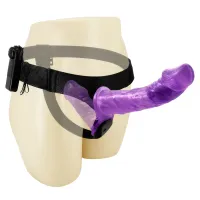 Dildo strap-on dublu, violet, cu vibrații, două penisuri 10 cm + 18 cm - 77970723 - 3