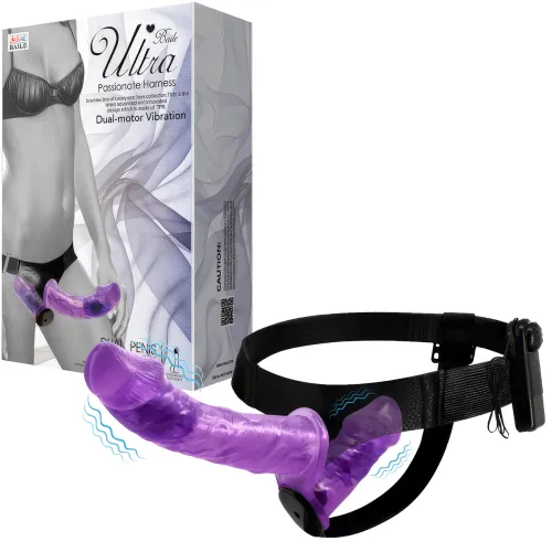 Dildo strap-on dublu, violet, cu vibrații, două penisuri 10 cm + 18 cm - 77970723