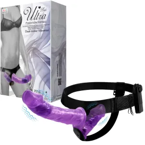 Dildo strap-on dublu, violet, cu vibrații, două penisuri 10 cm + 18 cm - 77970723