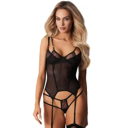 Obsessive Arrowel corset negru cu dantelă + benzi pentru ciorapi - 75714773