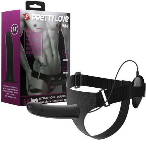 Harnasament strap-on negru cu vibrator 16 cm și telecomandă - 70043295